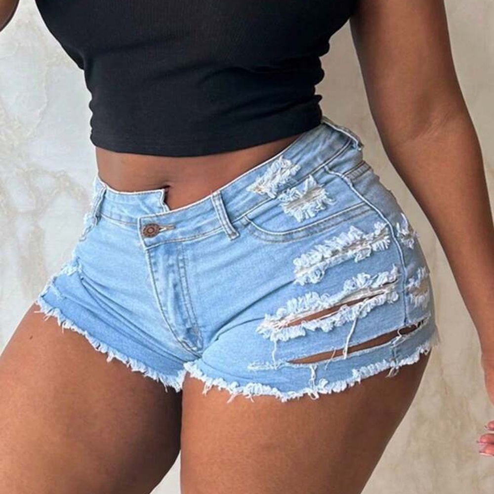 Blue Distressed Jean Shorts with Frayed Hem